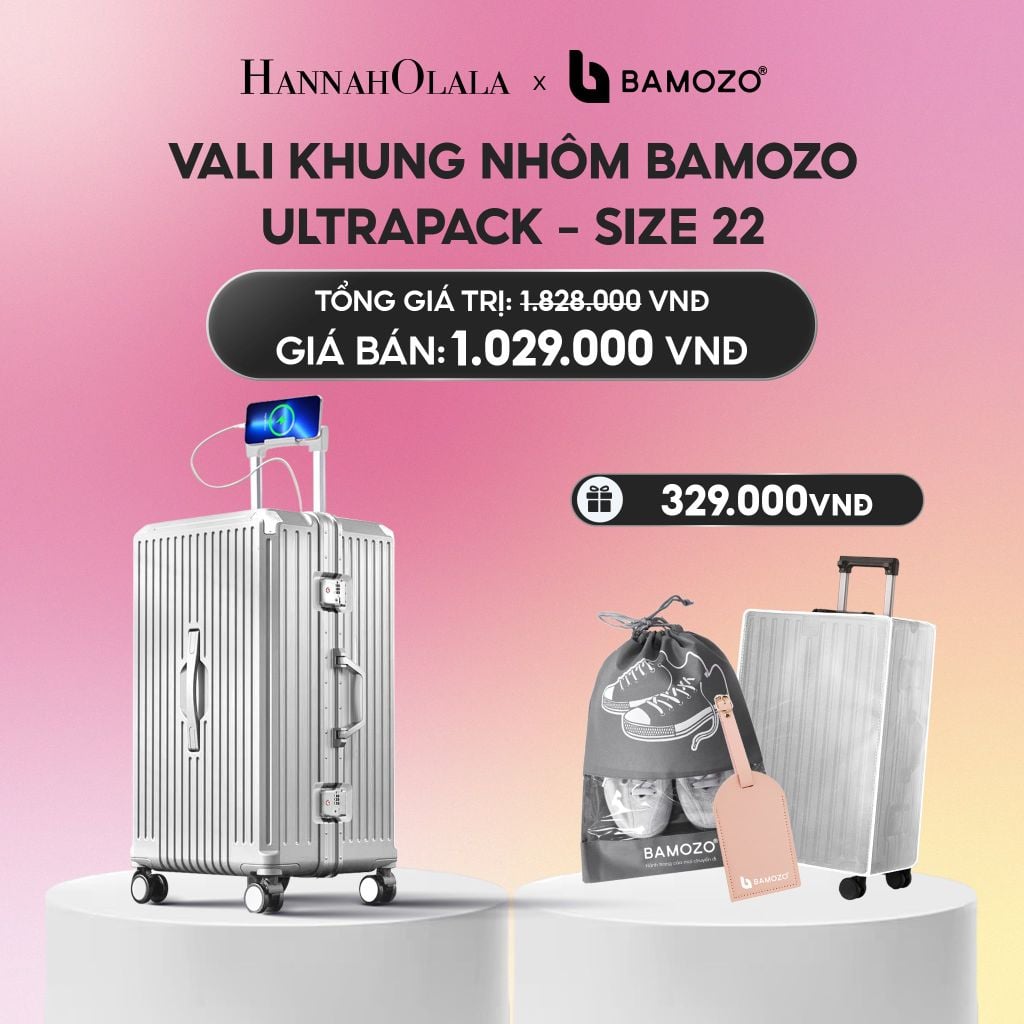  VALI BAMOZO KHUNG NHÔM ULTRAPACK CAO CẤP (TẶNG BỌC VALI CC TRONG SUỐT + THẺ TAG DA CHỐNG THẤT LẠC + TÚI ĐỰNG GIÀY)_A2213 