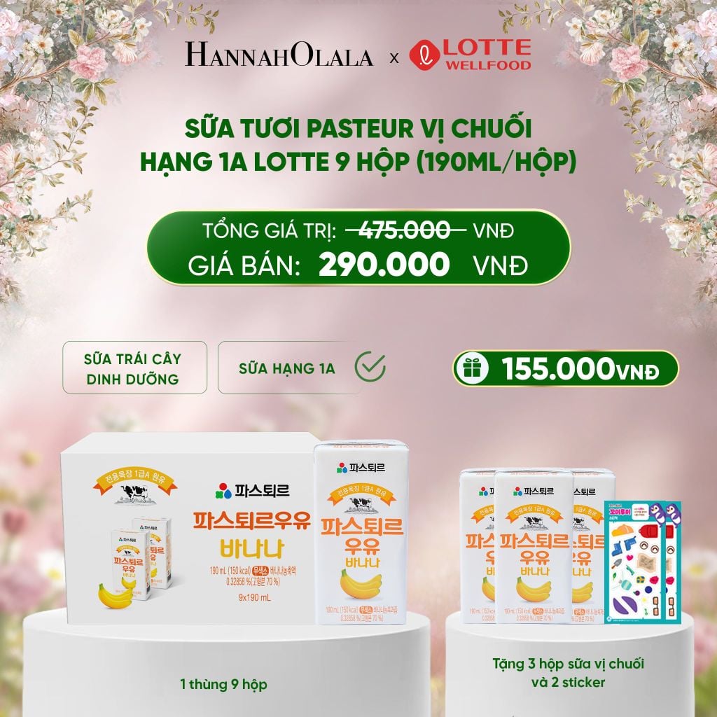  E843_DEAL 5: SỮA TƯƠI PASTEUR VỊ CHUỐI HẠNG 1A LOTTE 9 HỘP (190ML/HỘP) TẶNG 3 HỘP SỮA VỊ CHUỐI VÀ 2 STICKER ĐÁNG YÊU CHO BÉ 