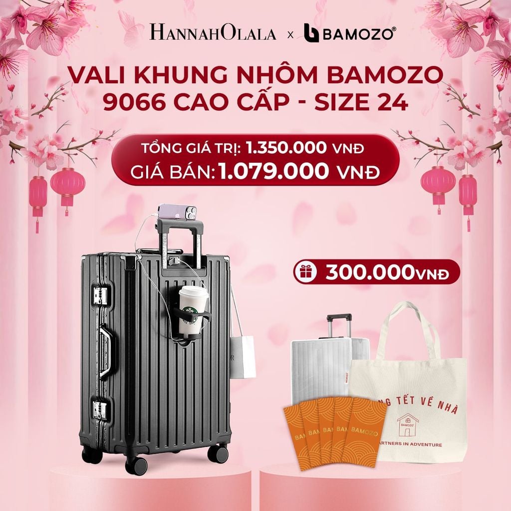  DEAL 2: VALI BAMOZO KHUNG NHÔM 9066 BẢN CAO CẤP (TẶNG BỌC VALI CC TRONG SUỐT + TỆP LÌ XÌ TẾT + TÚI TOTE) 