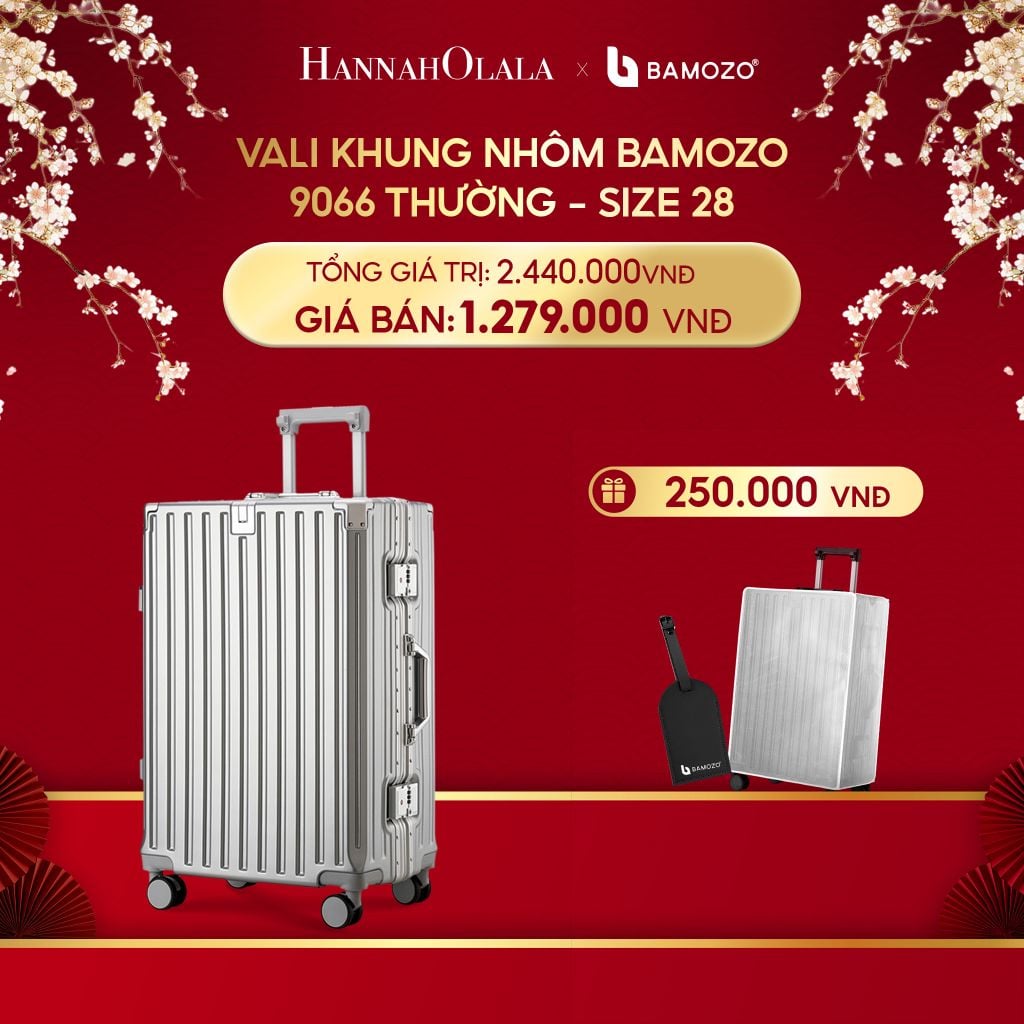  A985_DEAL 3: VALI BAMOZO KHUNG NHÔM 9066 BẢN THƯỜNG (TẶNG BỌC VALI TRONG SUỐT + TAG HÀNH LÝ DA) 