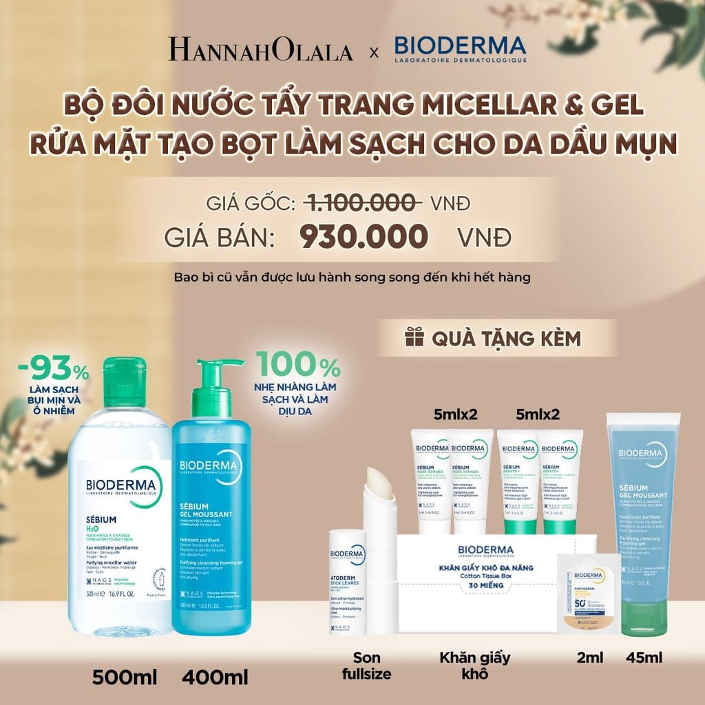  BỘ ĐÔI NƯỚC TẨY TRANG MICELLAR VÀ GEL RỬA MẶT LÀM SẠCH TOÀN DIỆN CHO DA DẦU,MỤN - A5034 