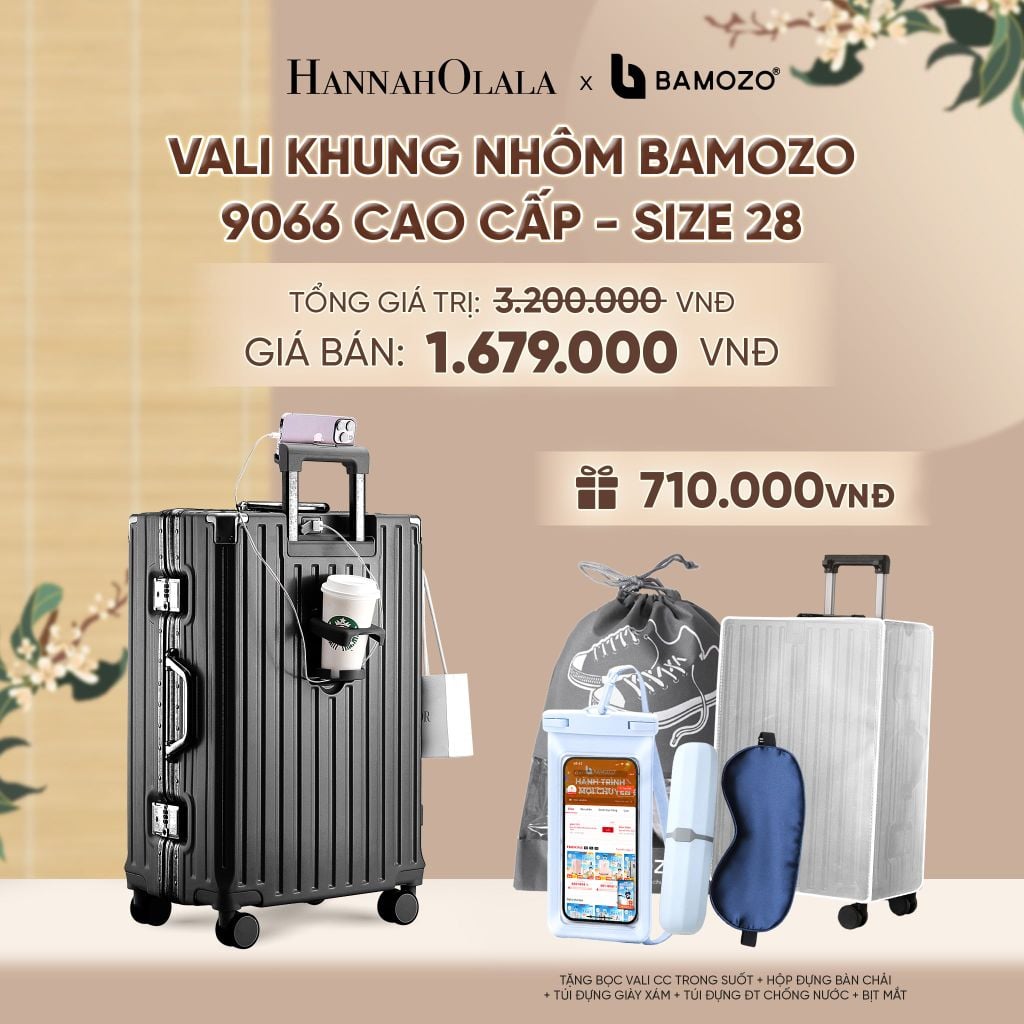  VALI BAMOZO KHUNG NHÔM 9066 BẢN CAO CẤP (TẶNG BỌC VALI CC TRONG SUỐT + HỘP ĐỰNG BÀN CHẢI + TÚI ĐỰNG GIÀY XÁM + TÚI ĐỰNG ĐT CHỐNG NƯỚC + BỊT MẮT) - A2508 