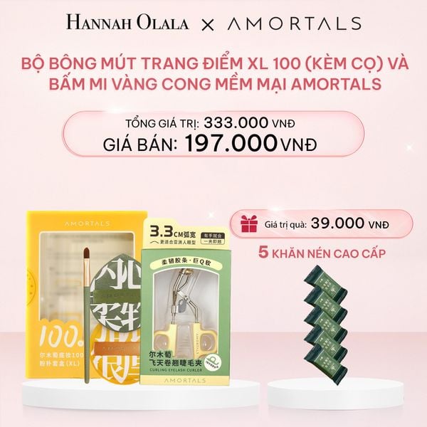  E1082_DEAL 5RE: BỘ BÔNG MÚT TRANG ĐIỂM XL 100 (KÈM CỌ) VÀ BẤM MI VÀNG CONG MỀM MẠI AMORTALS 