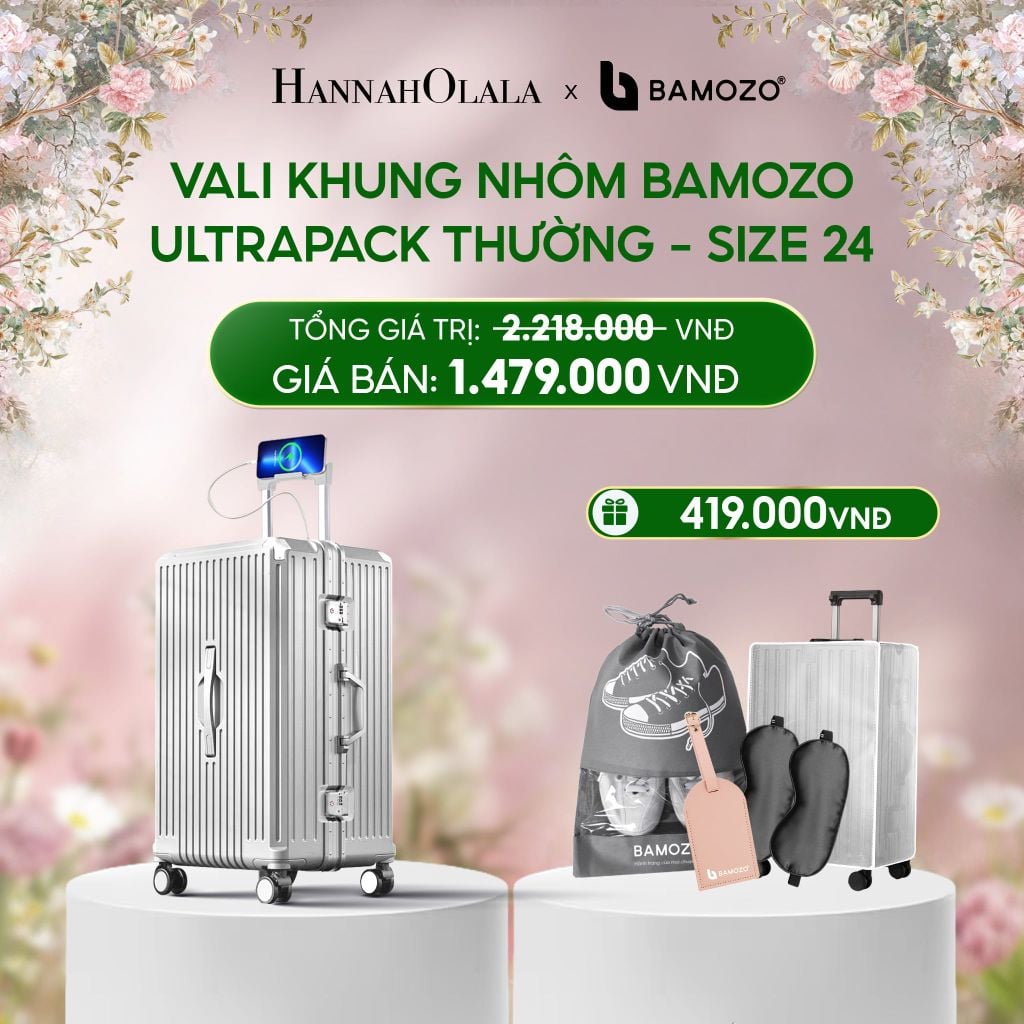  E1491_DEAL 4: VALI BAMOZO KHUNG NHÔM ULTRAPACK CAO CẤP (TẶNG BỌC VALI CC TRONG SUỐT + THẺ TAG DA CHỐNG THẤT LẠC+TÚI TOTE + TÚI ĐỰNG GIÀY 