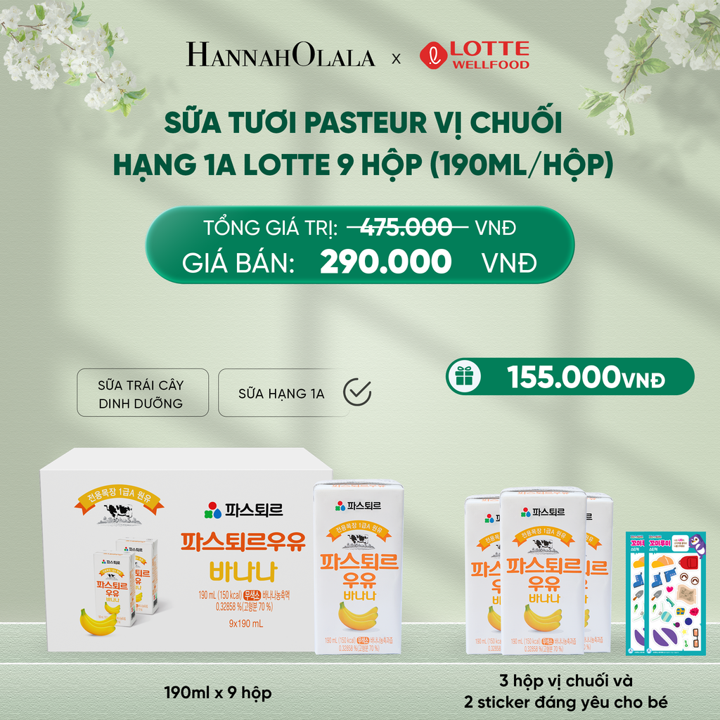  DEAL 5: SỮA TƯƠI PASTEUR VỊ CHUỐI HẠNG 1A LOTTE 9 HỘP (190ml/hộp) TẶNG 3 HỘP SỮA VỊ CHUỐI VÀ 2 STICKER ĐÁNG YÊU CHO BÉ 