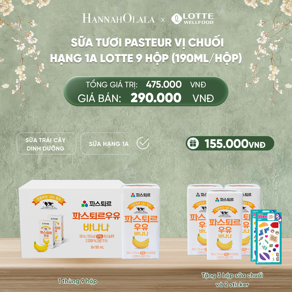  DEAL 5: SỮA TƯƠI PASTEUR VỊ CHUỐI HẠNG 1A LOTTE 9 HỘP (190ml/hộp) TẶNG 4 HỘP SỮA VỊ CHUỐI VÀ 1 STICKER 