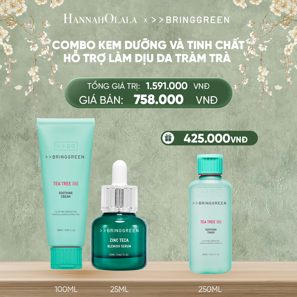  DEAL 10: COMBO KEM DƯỠNG ẨM HỖ TRỢ LÀM DỊU DA TRÀM TRÀ BRING GREEN TEA TREE CICA SOOTHING CREAM 100ML + TINH CHẤT TRÀM TRÀ BRING GREEN ZINC TECA BLEMISH SERUM DÀNH CHO DA DẦU MỤN 25ML 
