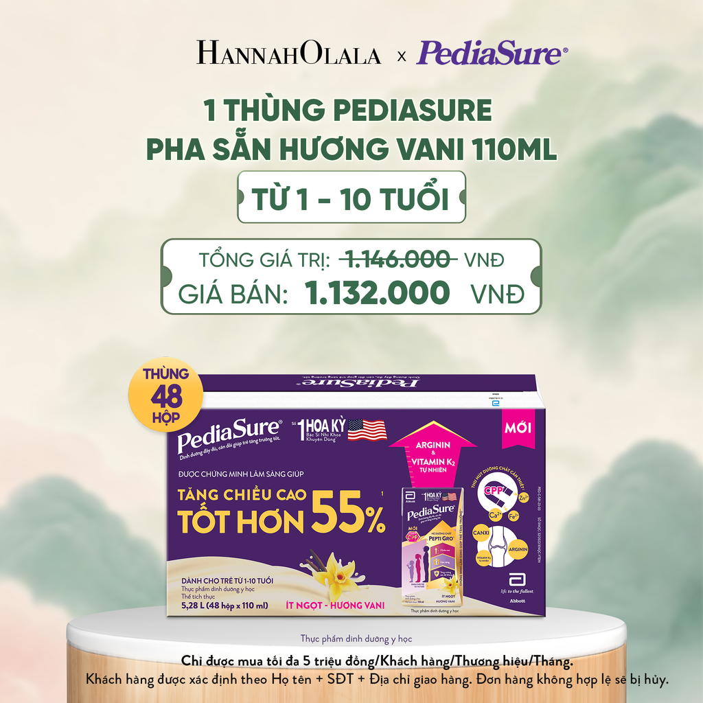  1 THÙNG PEDIASURE PHA SẴN HƯƠNG VANI 110ML (DÙNG CHO BÉ 1-10 TUỔI) - A1586 