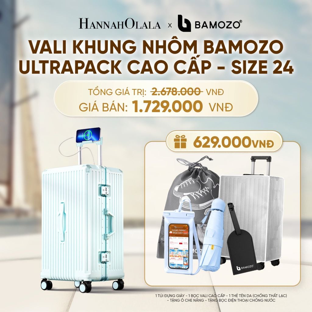  VALI BAMOZO KHUNG NHÔM ULTRAPACK CAO CẤP (TẶNG TÚI ĐỰNG GIÀY + BỌC VALI CC TRONG SUỐT + THẺ TAG DA CHỐNG THẤT LẠC + Ô CHE NẮNG + TÚI ĐỰNG ĐT CHỐNG NƯỚC) - A1624 