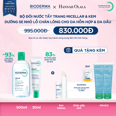  BỘ ĐÔI NƯỚC TẨY TRANG MICELLAR VÀ KEM DƯỠNG THU NHỎ LỖ CHÂN LÔNG CHO DA DẦU MỤN 