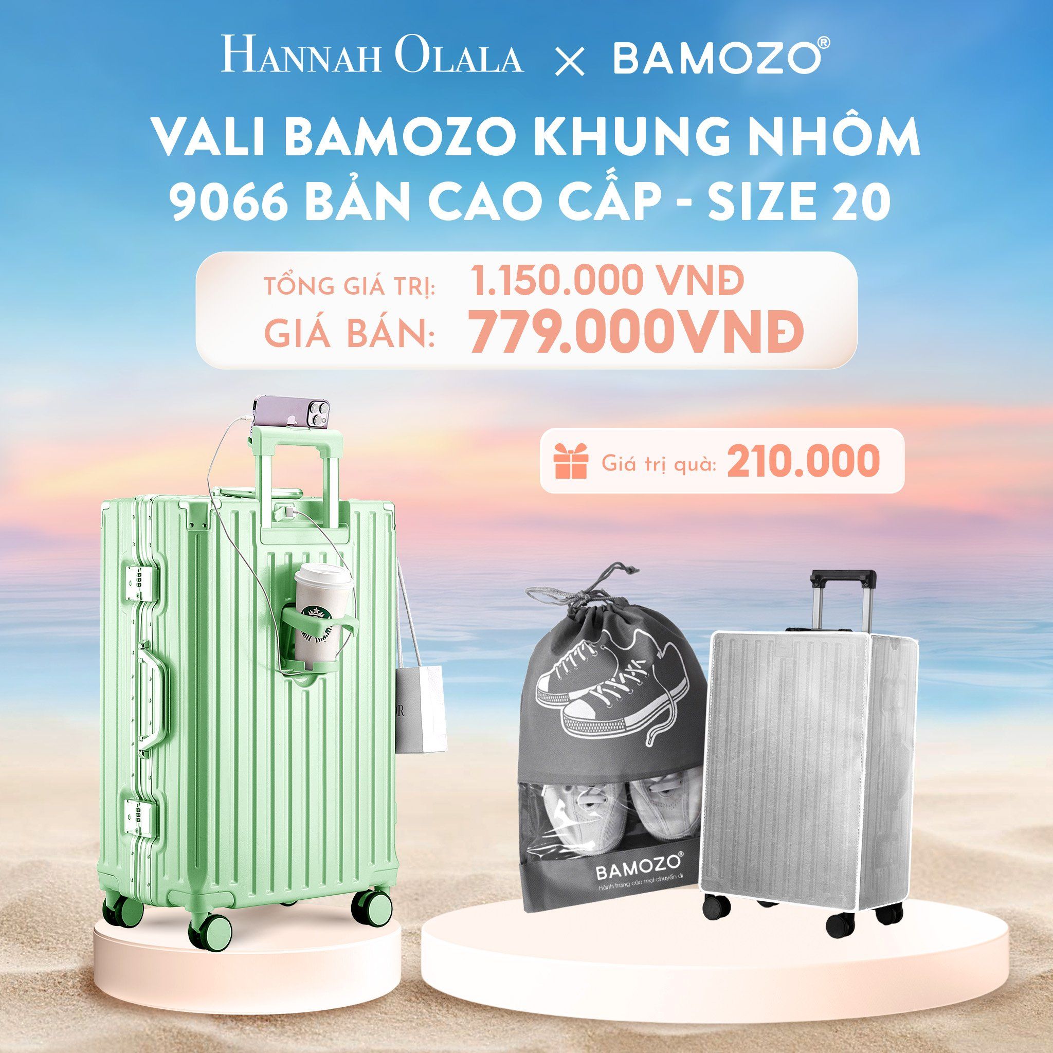  C905_DEAL 1: VALI BAMOZO KHUNG NHÔM 9066 BẢN CAO CẤP (TẶNG BỌC VALI CC TRONG SUỐT + TÚI ĐỰNG GIÀY) 