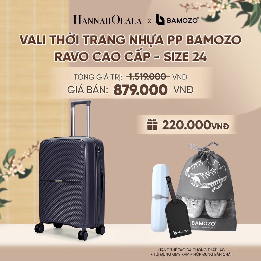  VALI BAMOZO RAVO NHỰA PP CAO CẤP CHỐNG VỠ (TẶNG THẺ TAG DA CHỐNG THẤT LẠC + TÚI ĐỰNG GIÀY XÁM + HỘP ĐỰNG BÀN CHẢI) - A2567 