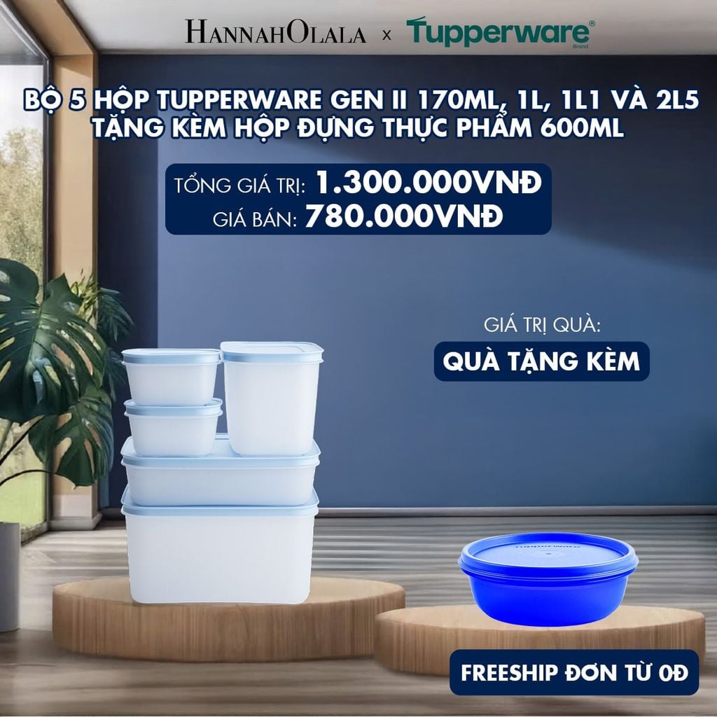  BỘ 5 HỘP ĐỰNG THỰC PHẨM TUPPERWARE TRỮ ĐÔNG GEN II 170ML, 1L, 1L1 VÀ 2L5 + TẶNG HỘP ĐỰNG THỰC PHẨM TUPPERWARE TRỮ KHÔ VÀ MÁT MODULAR BOWL 300ML 