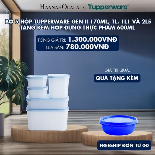  BỘ 5 HỘP ĐỰNG THỰC PHẨM TUPPERWARE TRỮ ĐÔNG GEN II 170ML, 1L, 1L1 VÀ 2L5 + TẶNG HỘP ĐỰNG THỰC PHẨM TUPPERWARE TRỮ KHÔ VÀ MÁT MODULAR BOWL 300ML 