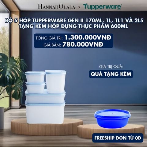  BỘ 5 HỘP ĐỰNG THỰC PHẨM TUPPERWARE TRỮ ĐÔNG GEN II 170ML, 1L, 1L1 VÀ 2L5 + TẶNG HỘP ĐỰNG THỰC PHẨM TUPPERWARE TRỮ KHÔ VÀ MÁT MODULAR BOWL 300ML 