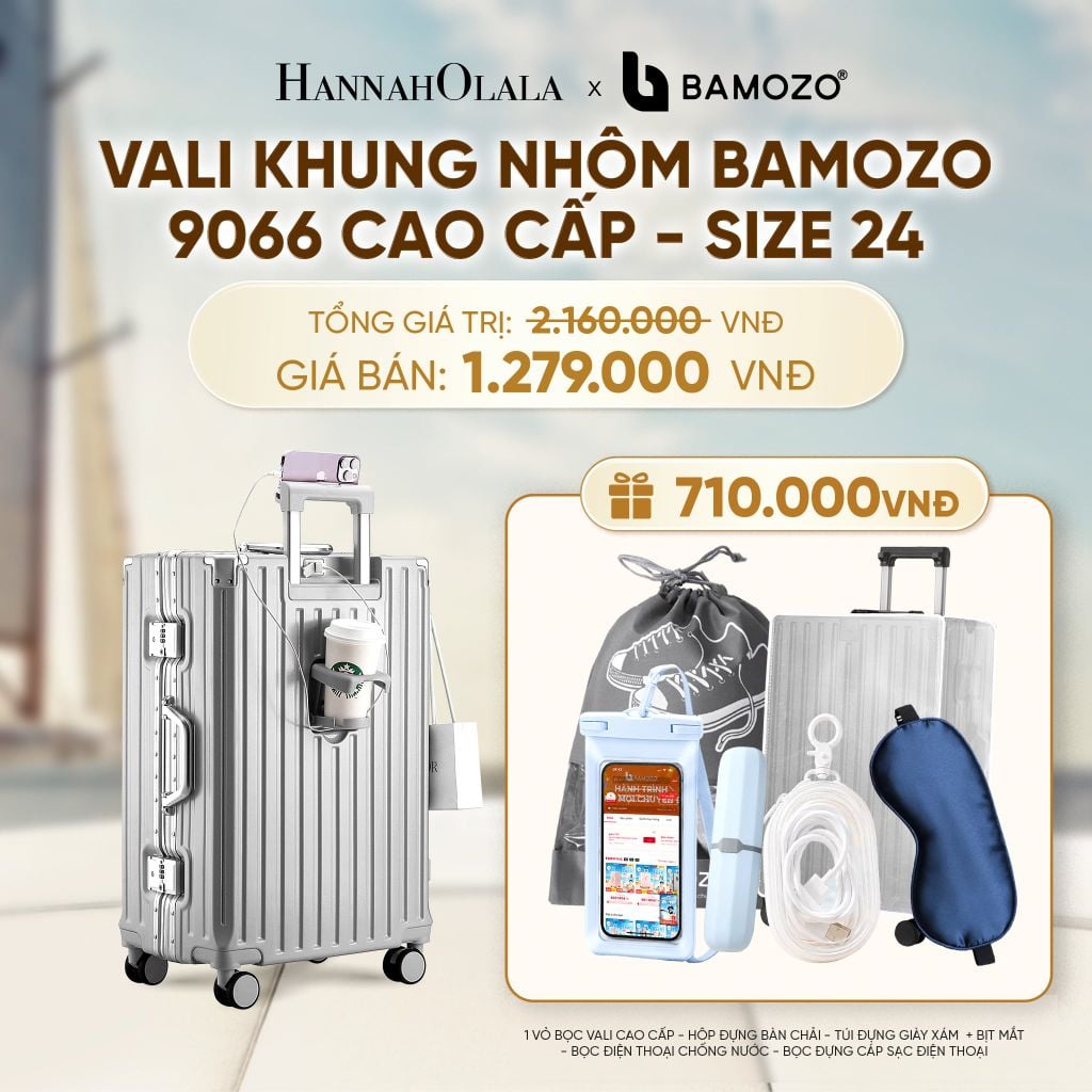  VALI BAMOZO KHUNG NHÔM 9066 BẢN CAO CẤP (TẶNG BỌC VALI CC TRONG SUỐT + HỘP ĐỰNG BÀN CHẢI + TÚI ĐỰNG GIÀY XÁM + TÚI ĐỰNG ĐT CHỐNG NƯỚC + TÚI ĐỰNG CÁP SẠC) - A1592 