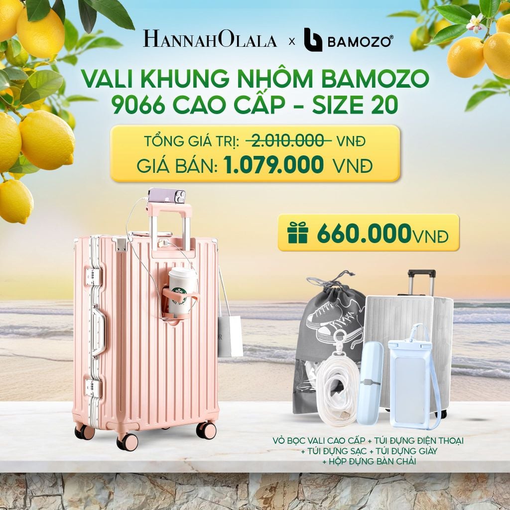  VALI BAMOZO KHUNG NHÔM 9066 BẢN CAO CẤP (TẶNG BỌC VALI CC TRONG SUỐT + HỘP ĐỰNG BÀN CHẢI + TÚI ĐỰNG GIÀY XÁM - DEAL 2 
