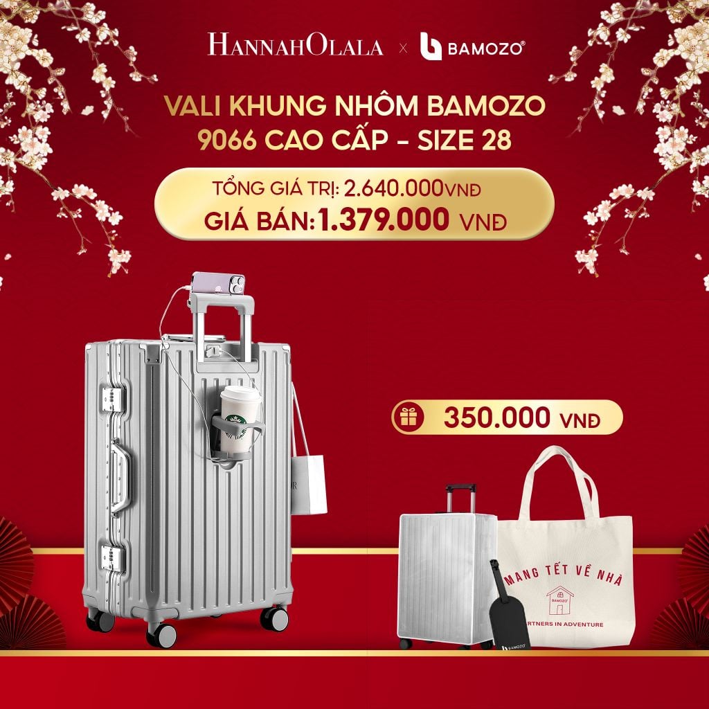  A967_DEAL 2: VALI BAMOZO KHUNG NHÔM 9066 BẢN CAO CẤP (TẶNG BỌC VALI CC TRONG SUỐT + THẺ TAG DA CHỐNG THẤT LẠC + TÚI TOTE) 