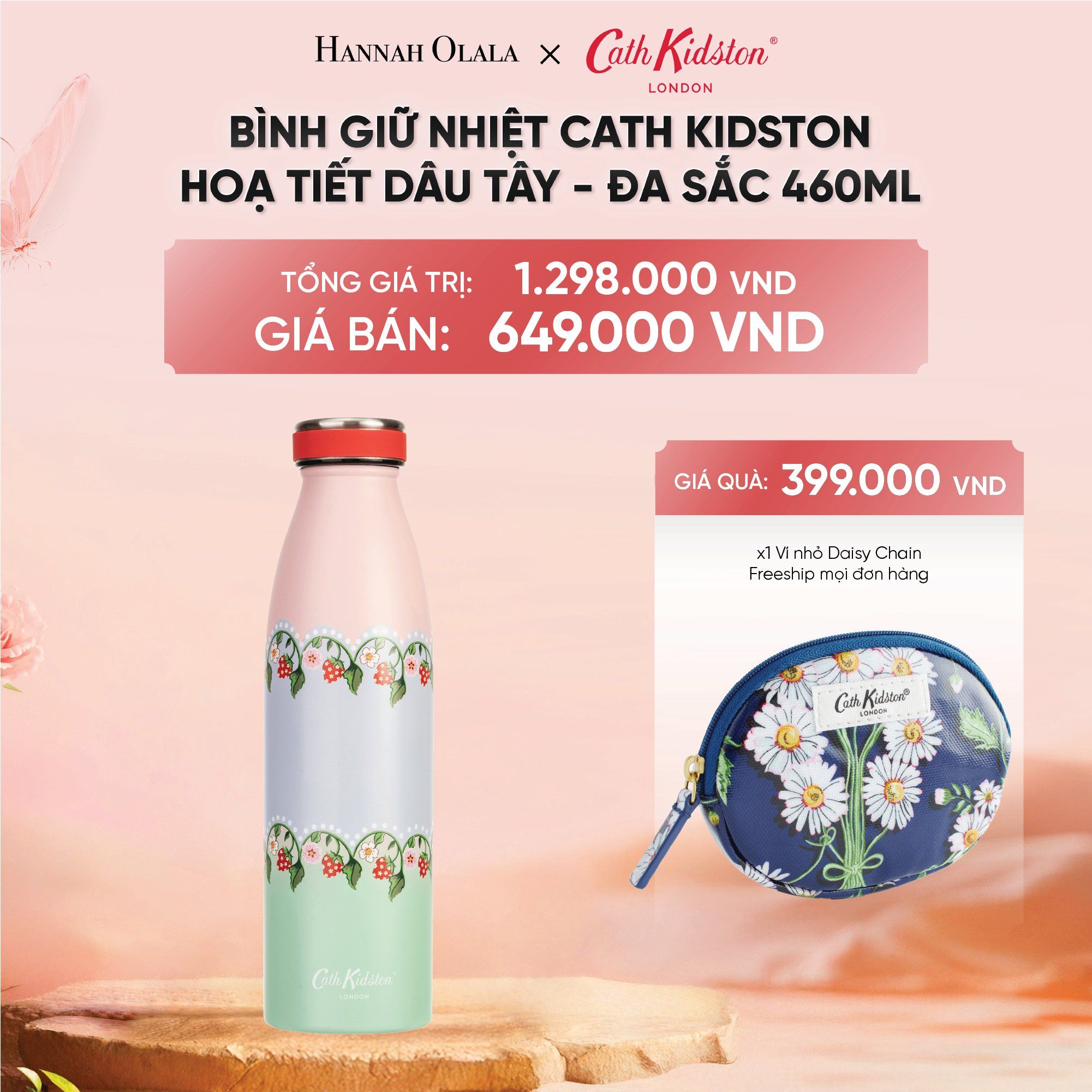  DEAL 6: BÌNH GIỮ NHIỆT CATH KIDSTON PHONG CÁCH VINTAGE ANH QUỐC HOẠ TIẾT STRAWBERRY - HỒNG 