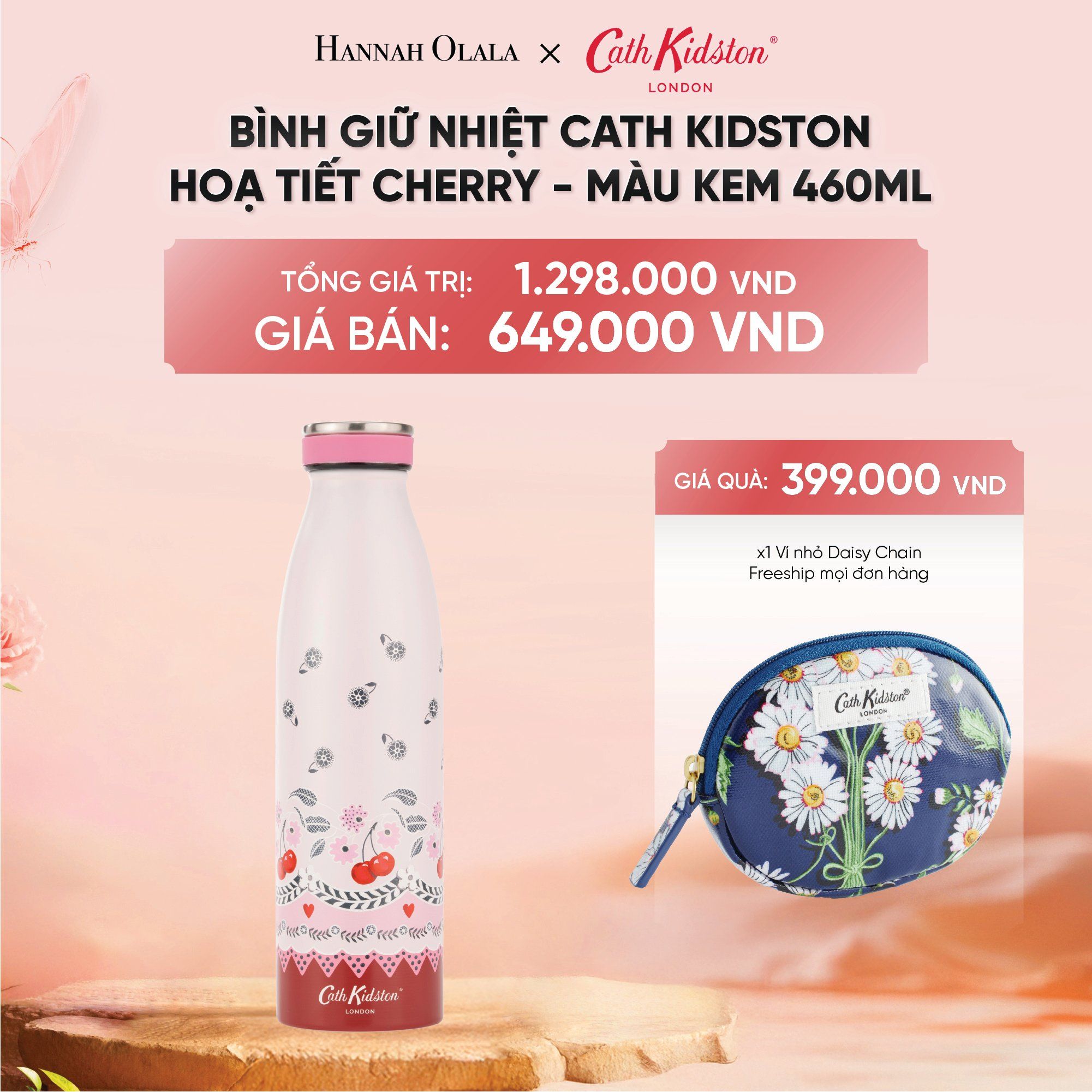  DEAL 6: BÌNH GIỮ NHIỆT CATH KIDSTON PHONG CÁCH VINTAGE ANH QUỐC HOẠ TIẾT STRAWBERRY - HỒNG 