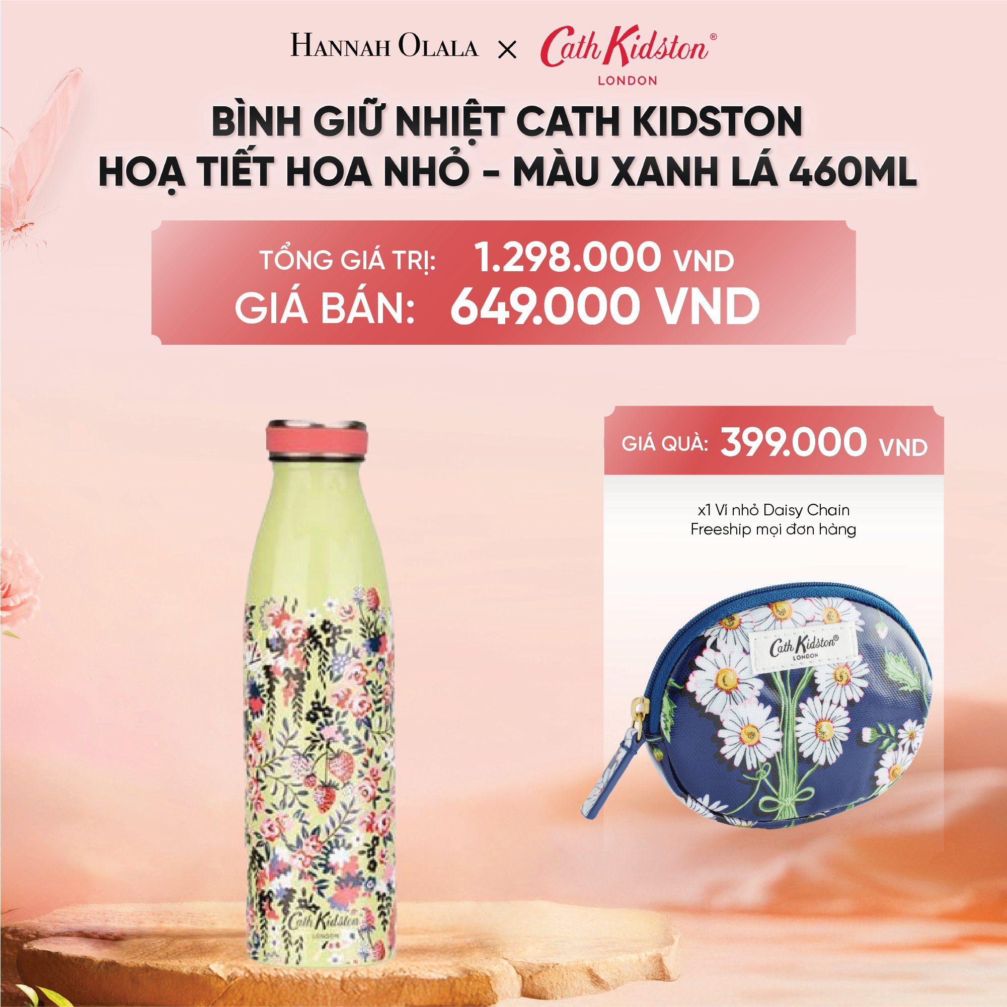  DEAL 6: BÌNH GIỮ NHIỆT CATH KIDSTON PHONG CÁCH VINTAGE ANH QUỐC HOẠ TIẾT STRAWBERRY - HỒNG 