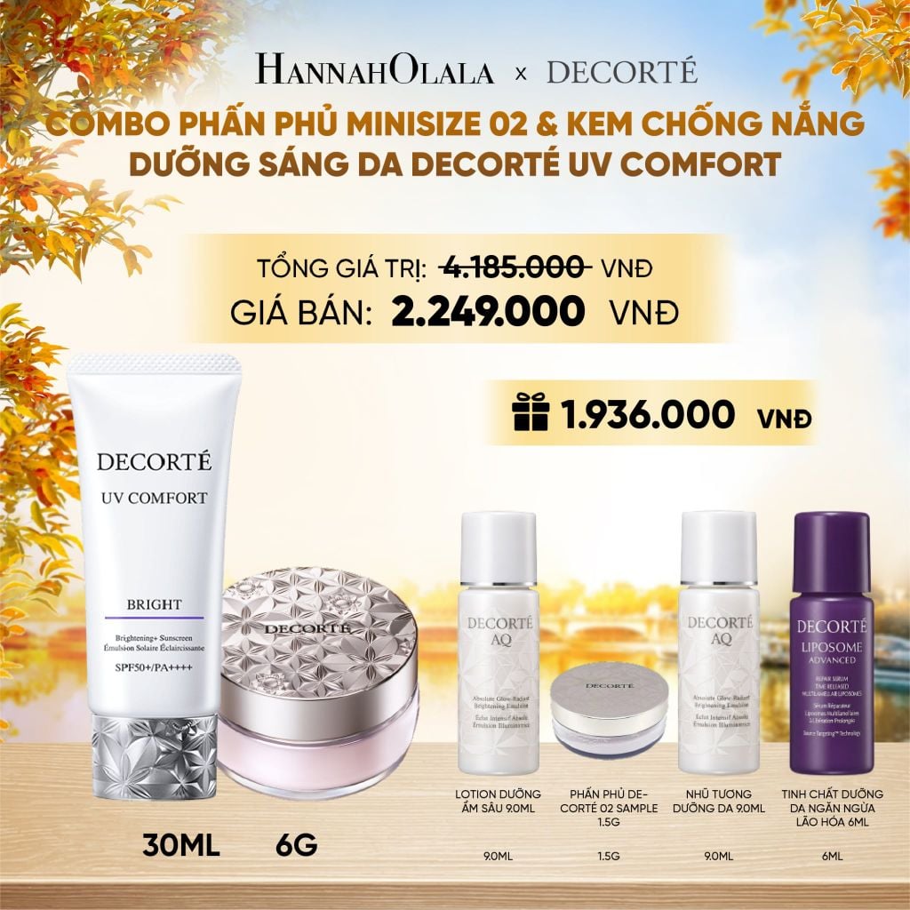  COMBO PHẤN PHỦ MINISIZE 02 - TÍM LILAC TRONG & KEM CHỐNG NẮNG DECORTÉ UV COMFORT 30ML (KHÔNG NÂNG TÔNG) - E1110 