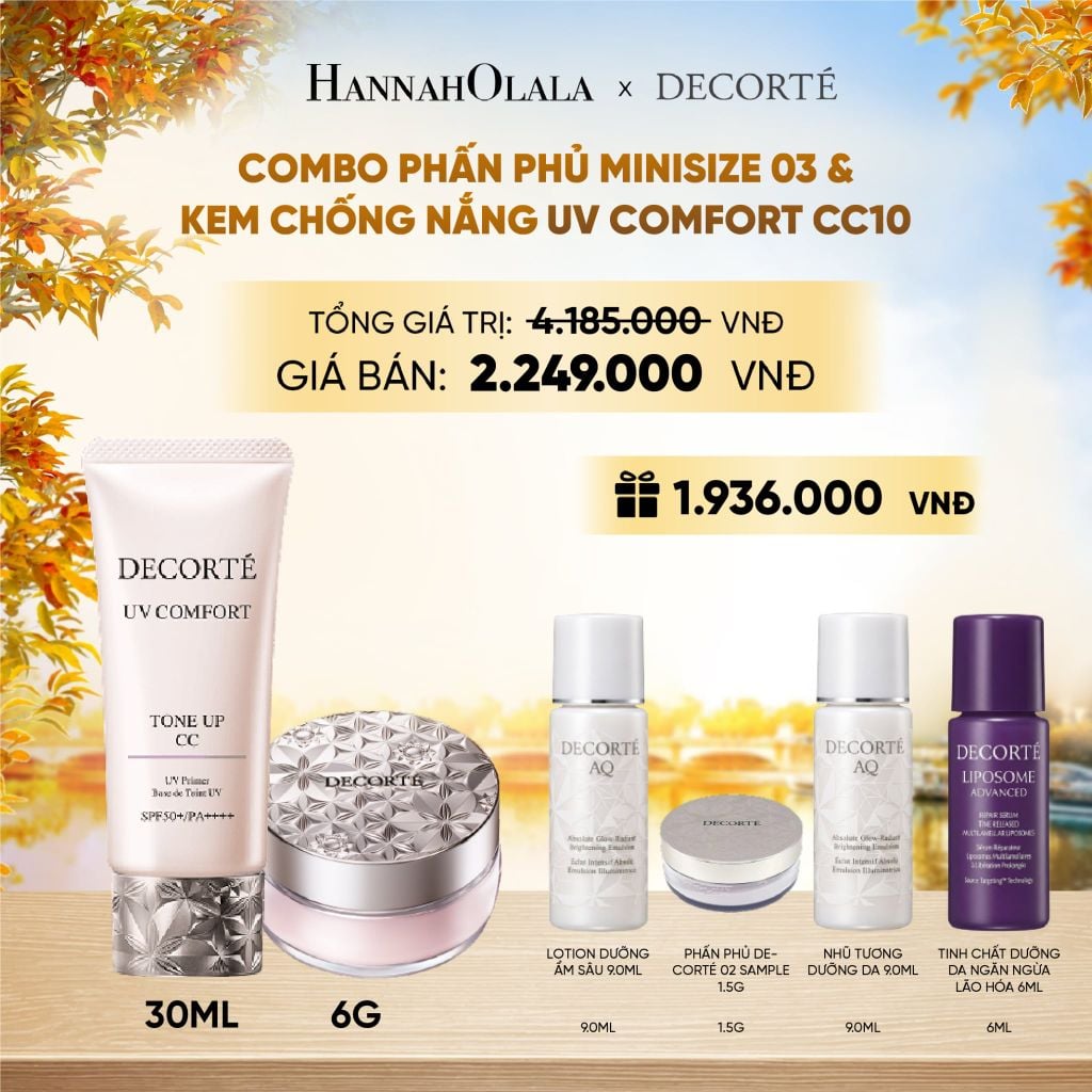  COMBO PHẤN PHỦ MINISIZE 03 HỒNG PHẤN TRONG & KEM CHỐNG NẮNG DECORTÉ UV COMFORT TONE UP (NÂNG TÔNG) - E1113 
