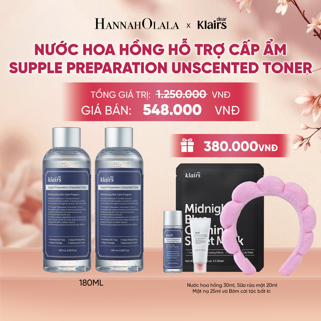  COMBO 2 DEAR, KLAIRS NƯỚC HOA HỒNG SUPPLE PREPARATION UNSCENTED TONER 180ML - A323 