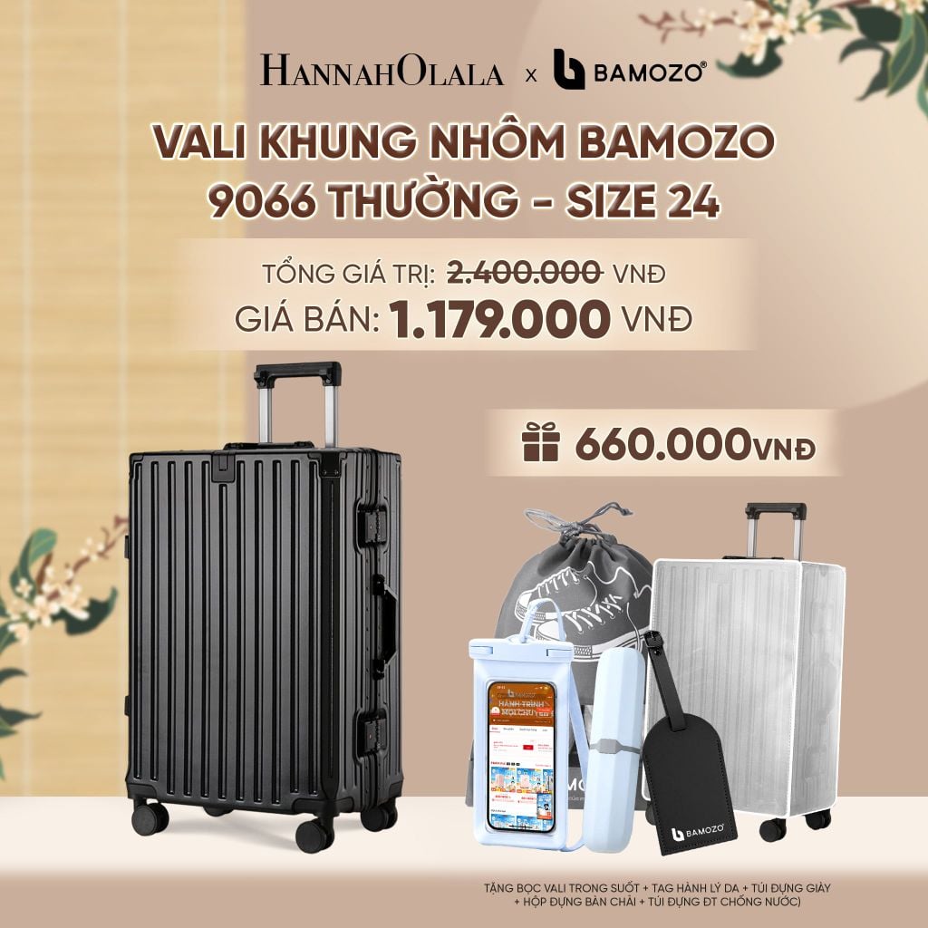  VALI BAMOZO KHUNG NHÔM 9066 BẢN THƯỜNG (TẶNG BỌC VALI TRONG SUỐT + TAG HÀNH LÝ DA + TÚI ĐỰNG GIÀY + HỘP ĐỰNG BÀN CHẢI + TÚI ĐỰNG ĐT CHỐNG NƯỚC) - A2530 