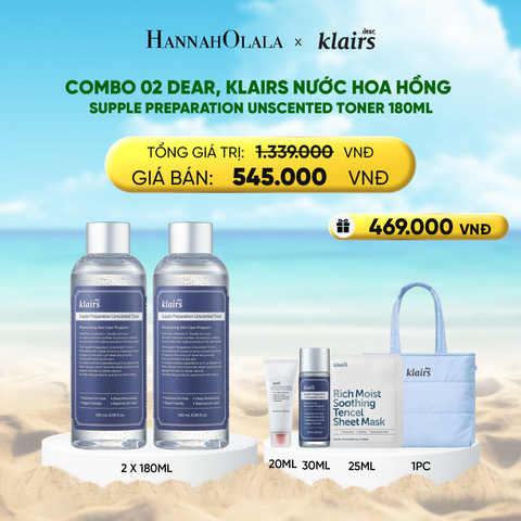 COMBO 2 DEAR, KLAIRS NƯỚC HOA HỒNG SUPPLE PREPARATION UNSCENTED TONER 180ML 