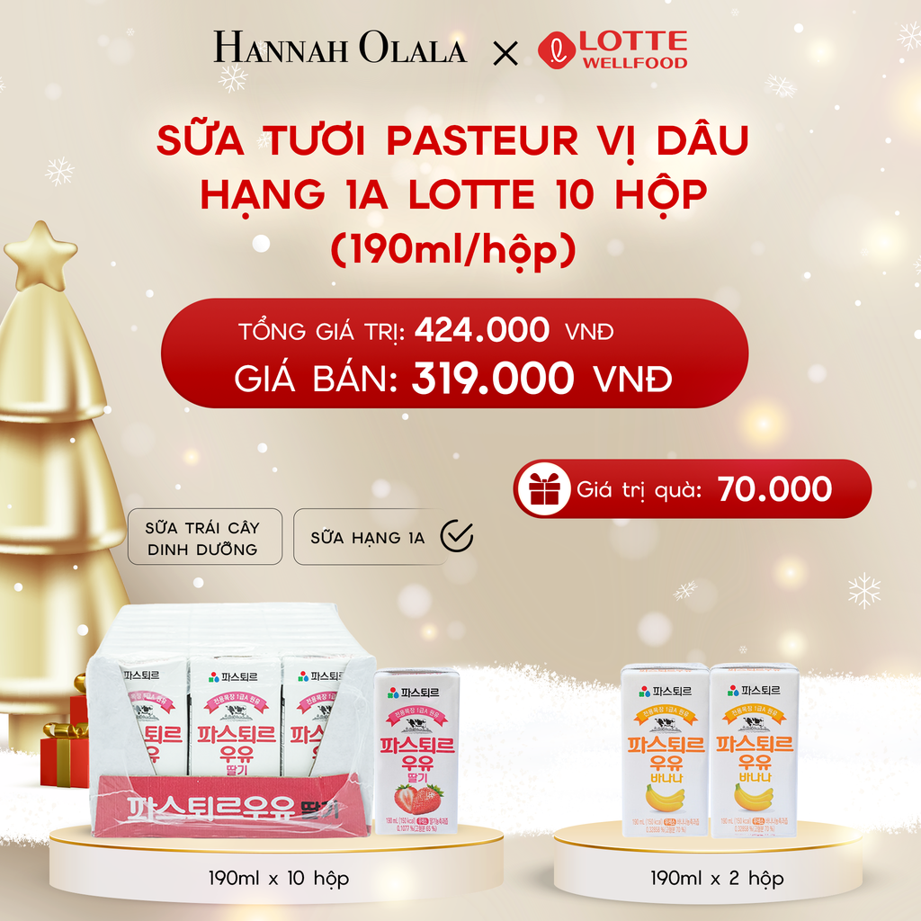  A1307_DEAL 6: SỮA TƯƠI PASTEUR VỊ DÂU HẠNG 1A LOTTE 10 HỘP (190ml/hộp) TẶNG 2 HỘP SỮA VỊ CHUỐI 