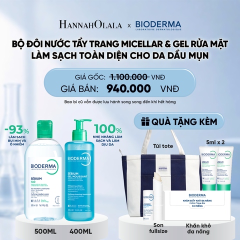  BỘ ĐÔI NƯỚC TẨY TRANG MICELLAR VÀ GEL RỬA MẶT LÀM SẠCH TOÀN DIỆN CHO DA DẦU,MỤN 