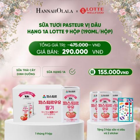  E842_DEAL 6: SỮA TƯƠI PASTEUR VỊ DÂU HẠNG 1A LOTTE 9 HỘP (190ML/HỘP) TẶNG 3 HỘP SỮA VỊ DÂU VÀ 2 STICKER ĐÁNG YÊU CHO BÉ 