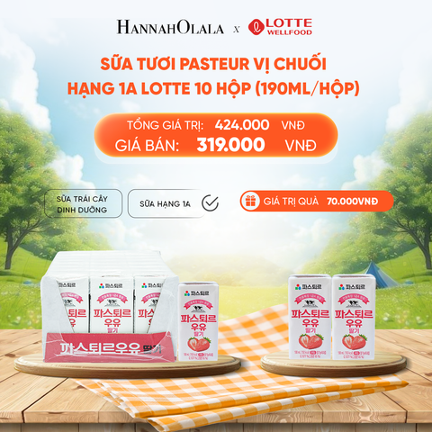  DEAL 6: SỮA TƯƠI PASTEUR VỊ DÂU HẠNG 1A LOTTE 10 HỘP (190ml/hộp) TẶNG 2 HỘP SỮA VỊ CHUỐI 