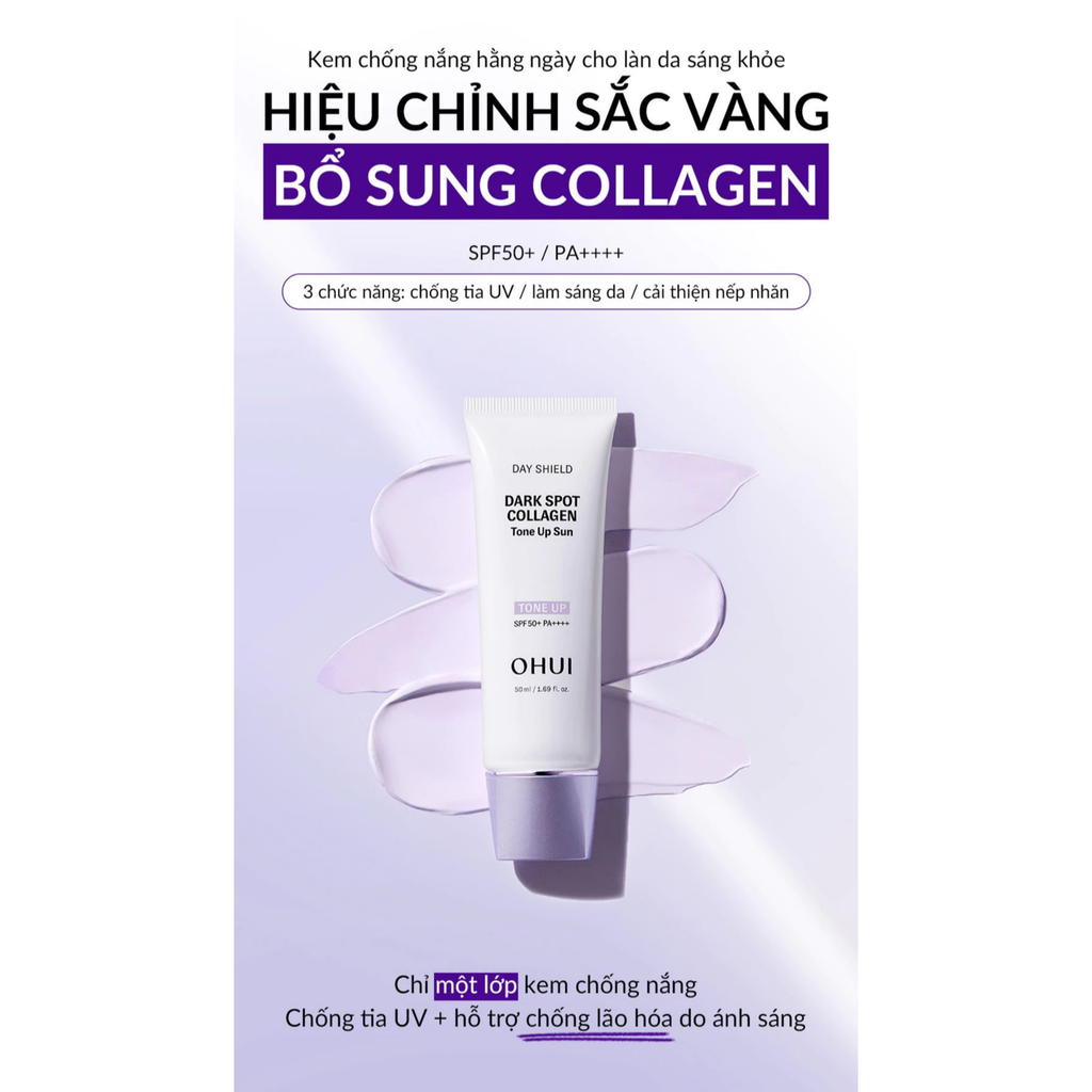  MỚI - BỘ KEM CHỐNG NẮNG NÂNG TÔNG TÍM CHỨA COLLAGEN OHUI DAY SHIELD DARK SPOT COLLAGEN TONE UP SUN SPF50+ / PA++++ 