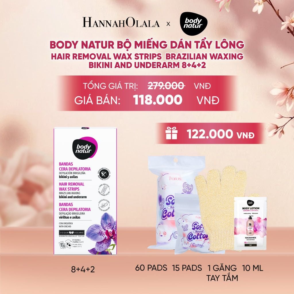  BODY NATUR BỘ MIẾNG DÁN TẨY LÔNG HAIR REMOVAL WAX STRIPS BRAZILIAN WAXING BIKINI AND UNDERARM 8+4+2 - A1556 