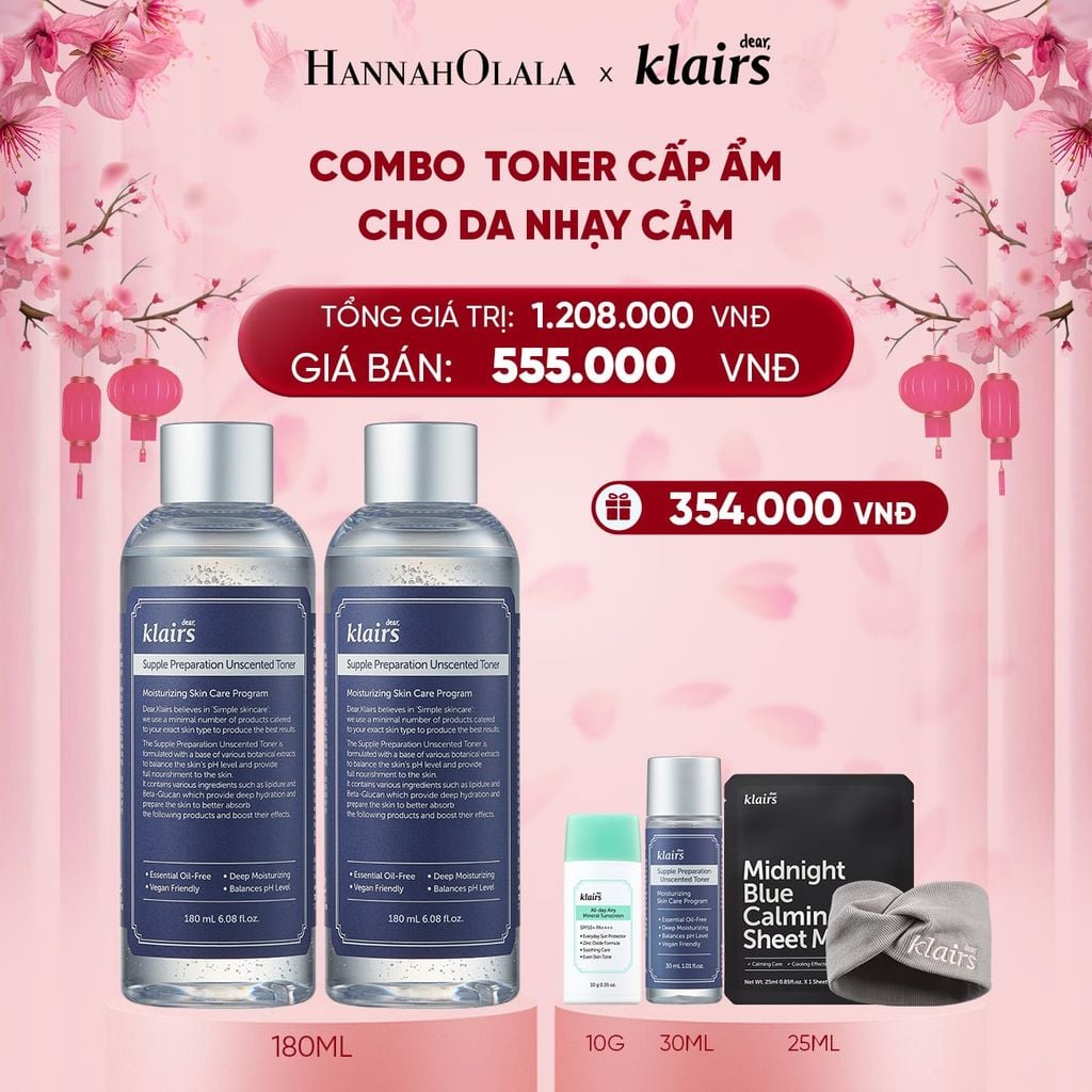  DEAL 6 : COMBO 2 DEAR, KLAIRS NƯỚC HOA HỒNG SUPPLE PREPARATION UNSCENTED TONER 180ML 