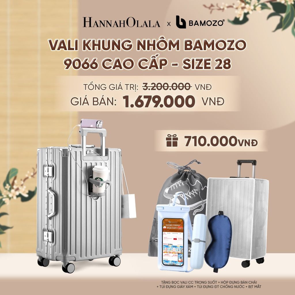  VALI BAMOZO KHUNG NHÔM 9066 BẢN CAO CẤP (TẶNG BỌC VALI CC TRONG SUỐT + HỘP ĐỰNG BÀN CHẢI + TÚI ĐỰNG GIÀY XÁM + TÚI ĐỰNG ĐT CHỐNG NƯỚC + BỊT MẮT) - A2508 