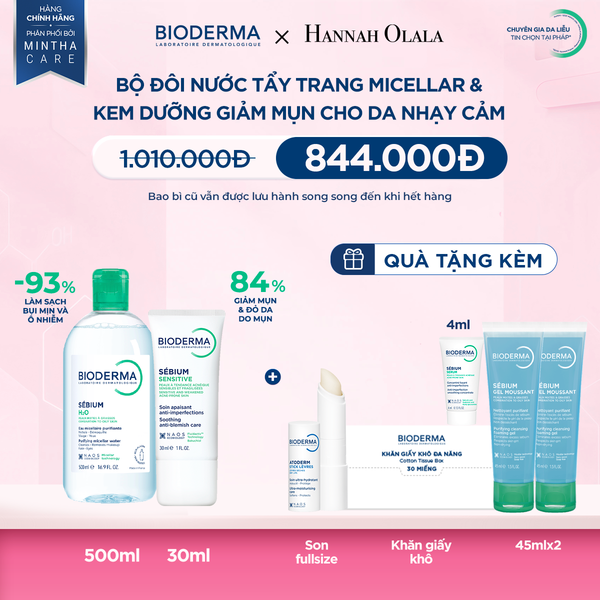  BỘ ĐÔI NƯỚC TẨY TRANG MICELLAR VÀ KEM DƯỠNG GIẢM MỤN CHO DA MỤN NHẠY CẢM 