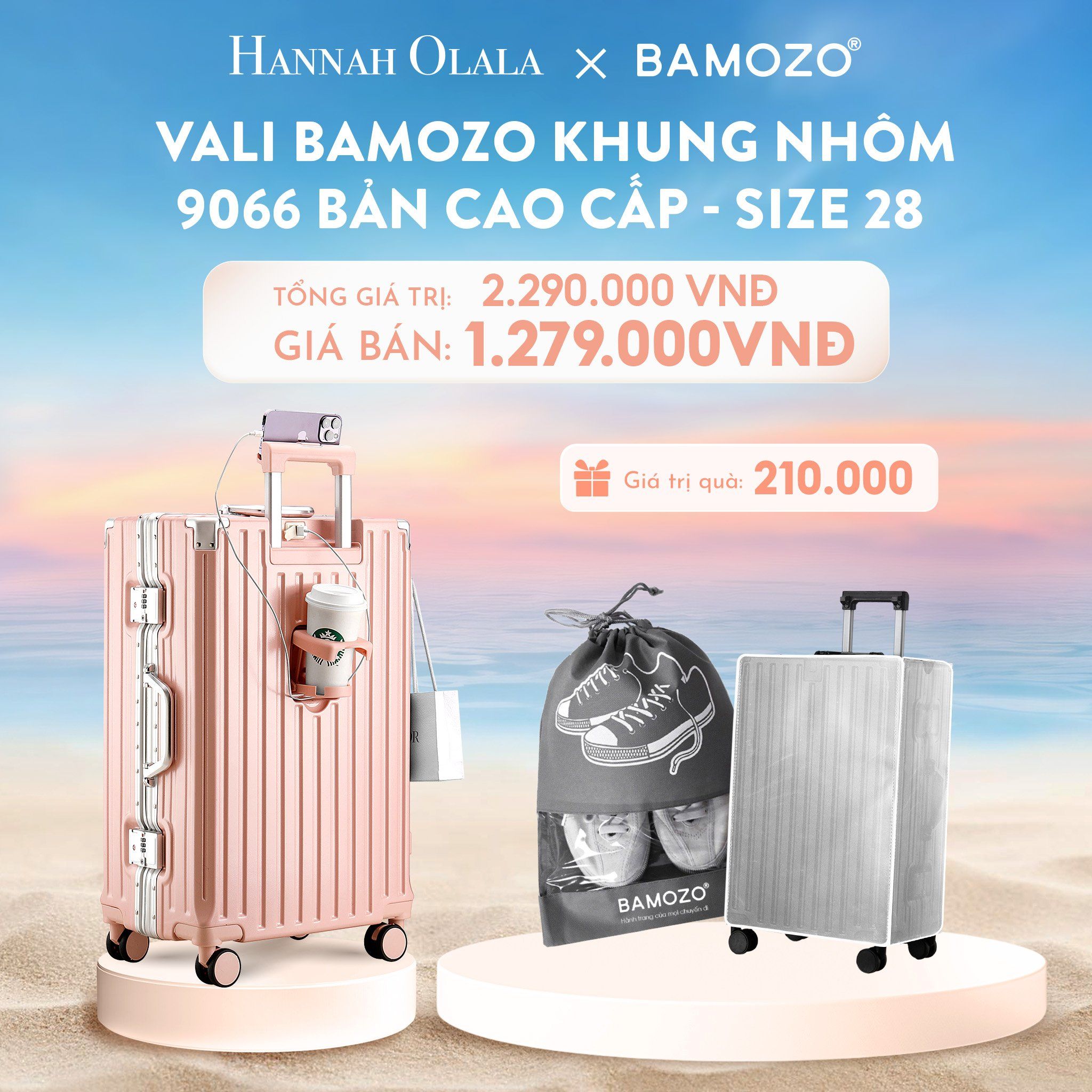  C905_DEAL 1: VALI BAMOZO KHUNG NHÔM 9066 BẢN CAO CẤP (TẶNG BỌC VALI CC TRONG SUỐT + TÚI ĐỰNG GIÀY) 