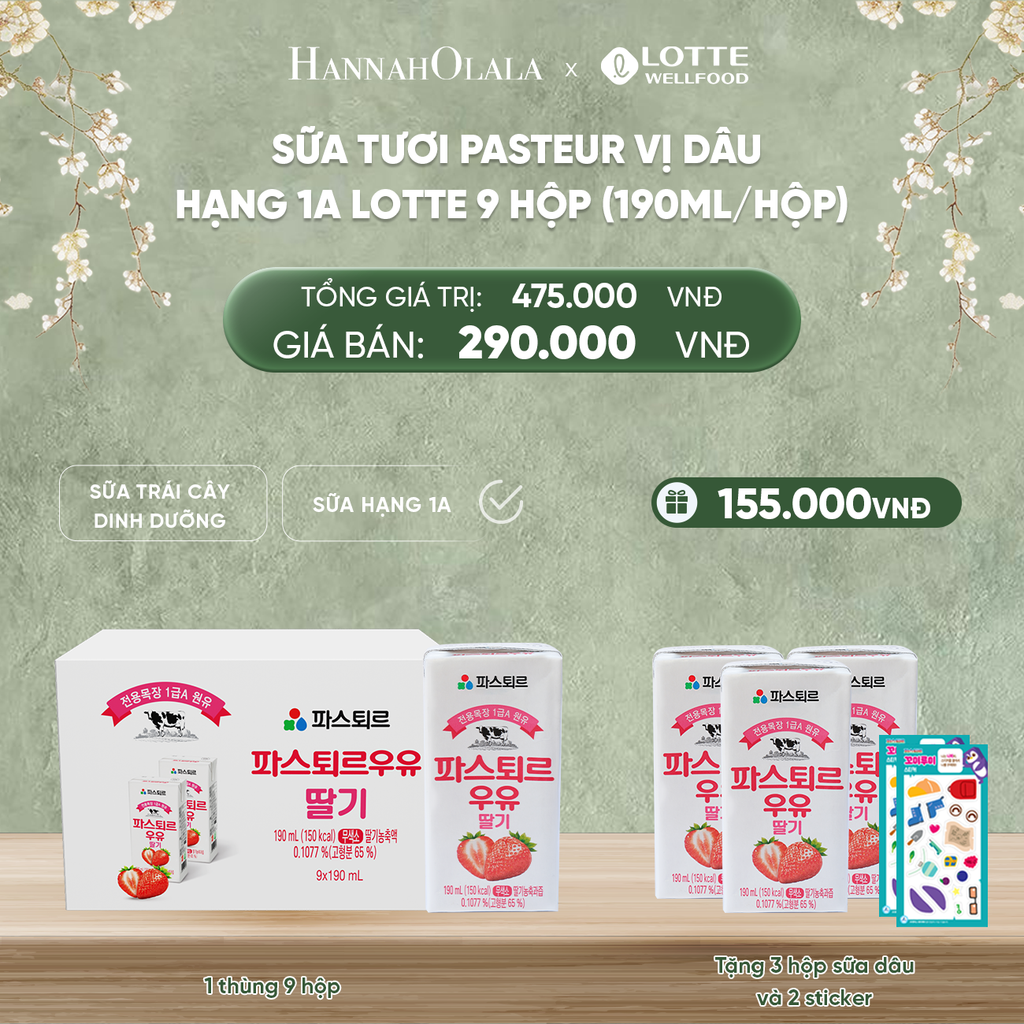  DEAL 6: SỮA TƯƠI PASTEUR VỊ DÂU HẠNG 1A LOTTE 9 HỘP (190ml/hộp) TẶNG 4 HỘP SỮA VỊ DÂU VÀ 1 STICKER 