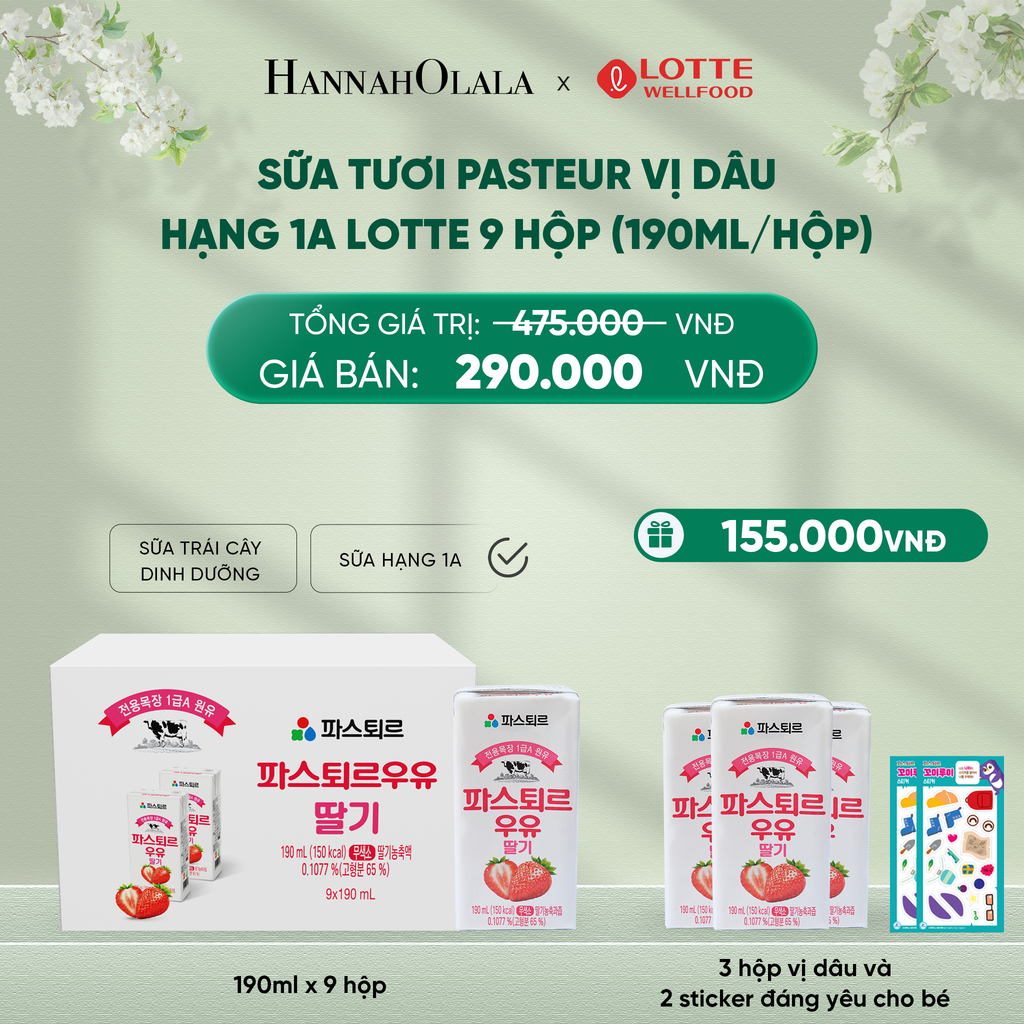  DEAL 6: SỮA TƯƠI PASTEUR VỊ DÂU HẠNG 1A LOTTE 9 HỘP (190ml/hộp) TẶNG 3 HỘP SỮA VỊ DÂUVÀ 2 STICKER ĐÁNG YÊU CHO BÉ 