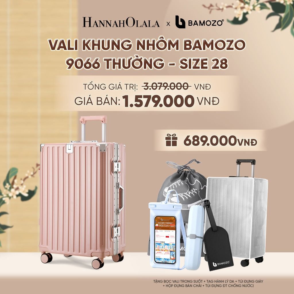  VALI BAMOZO KHUNG NHÔM 9066 BẢN THƯỜNG (TẶNG BỌC VALI TRONG SUỐT + TAG HÀNH LÝ DA + TÚI ĐỰNG GIÀY + HỘP ĐỰNG BÀN CHẢI + TÚI ĐỰNG ĐT CHỐNG NƯỚC) - A2530 