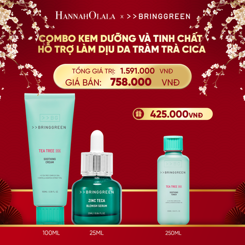  DEAL 10: COMBO KEM DƯỠNG ẨM HỖ TRỢ LÀM DỊU DA TRÀM TRÀ BRING GREEN TEA TREE CICA SOOTHING CREAM 100ML + TINH CHẤT TRÀM TRÀ BRING GREEN ZINC TECA BLEMISH SERUM DÀNH CHO DA DẦU MỤN 25ML 