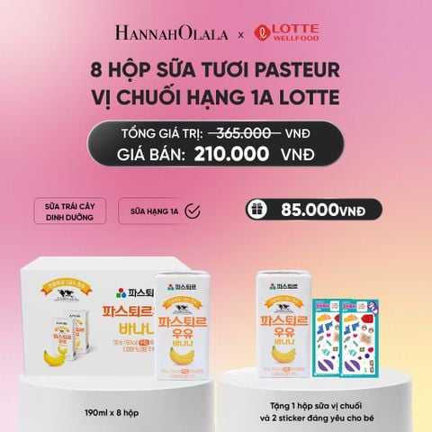  DEAL 6: SỮA TƯƠI PASTEUR VỊ CHUỐI HẠNG 1A LOTTE 8 HỘP (190ML/HỘP) TẶNG 1 HỘP SỮA VỊ CHUỐI VÀ 2 STICKER ĐÁNG YÊU CHO BÉ_A1209 