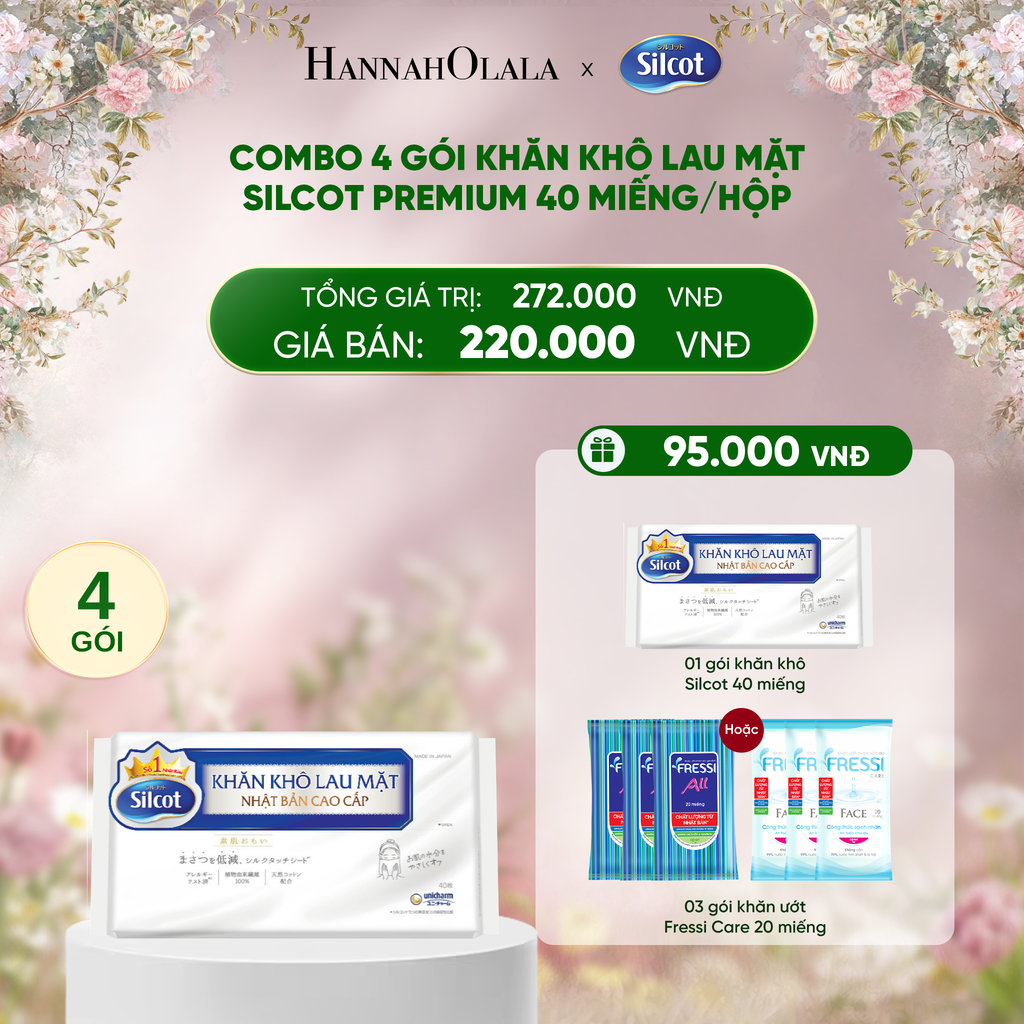  DEAL 6: COMBO 4 GÓI KHĂN KHÔ LAU MẶT SILCOT PREMIUM 40 MIẾNG/HỘP 