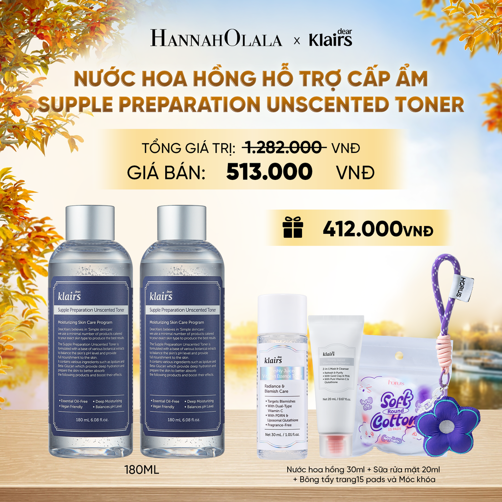  COMBO 2 DEAR, KLAIRS NƯỚC HOA HỒNG SUPPLE PREPARATION UNSCENTED TONER 180ML - E151 