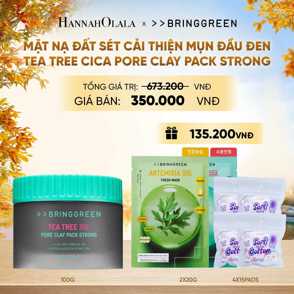  MẶT NẠ ĐẤT SÉT HỖ TRỢ CẢI THIỆN MỤN ĐẦU ĐEN TRÀM TRÀ BRING GREEN TEA TREE CICA PORE CLAY PACK STRONG 100G - E528 