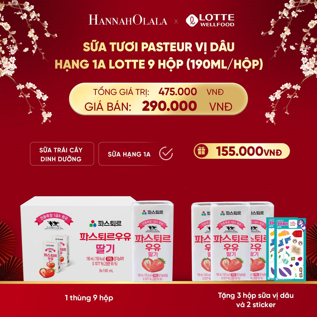  DEAL 6: SỮA TƯƠI PASTEUR VỊ DÂU HẠNG 1A LOTTE 9 HỘP (190ml/hộp) TẶNG 3 HỘP SỮA VỊ DÂU VÀ 2 STICKER ĐÁNG YÊU CHO BÉ 
