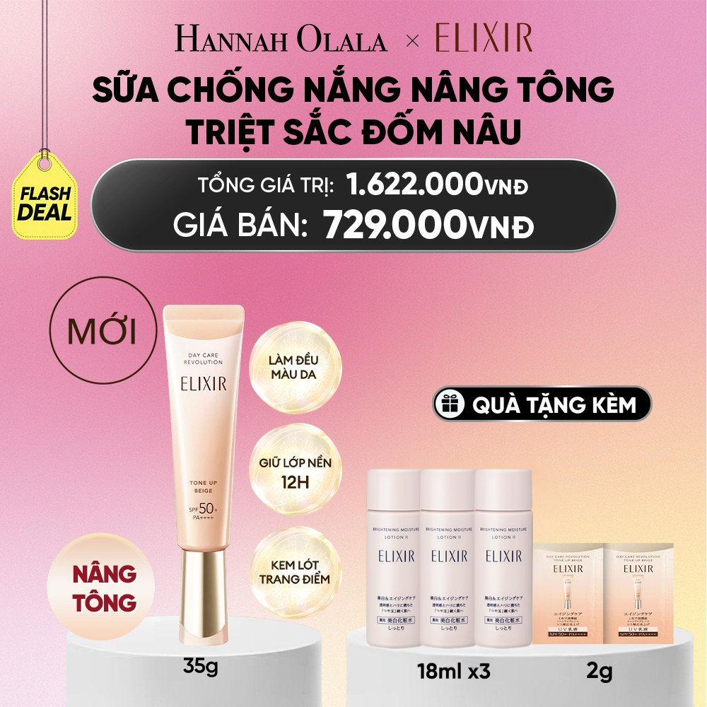  [SẮC BEIGE MỚI] KEM CHỐNG NẮNG DẠNG SỮA NÂNG TÔNG CHỐNG LÃO HÓA TRIỆT SẮC ĐỐM NÂU ELIXIR DAY CARE REVOLUTION TONE-UP PURE BEIGE 35G - DEAL 7.1 